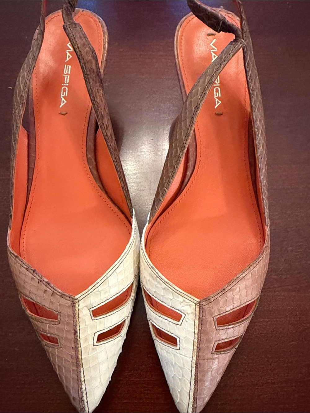 Via Spiga Two-Tone Pointed Slingback Flats in White and Brown with Orange Insole
